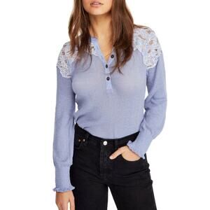 Free People Blue Floral Applique Henley Long Sleeve Shirt Women's size Large